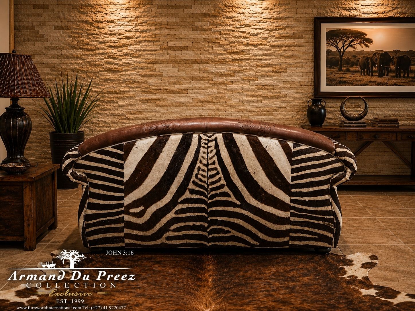 Back view of genuine zebra skin and genuine ostrich leather Zulu Couch